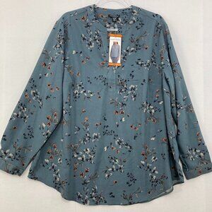 New Hilary Radley size XXL Blue Floral Split Neck Long Sleeve Popover Blouse